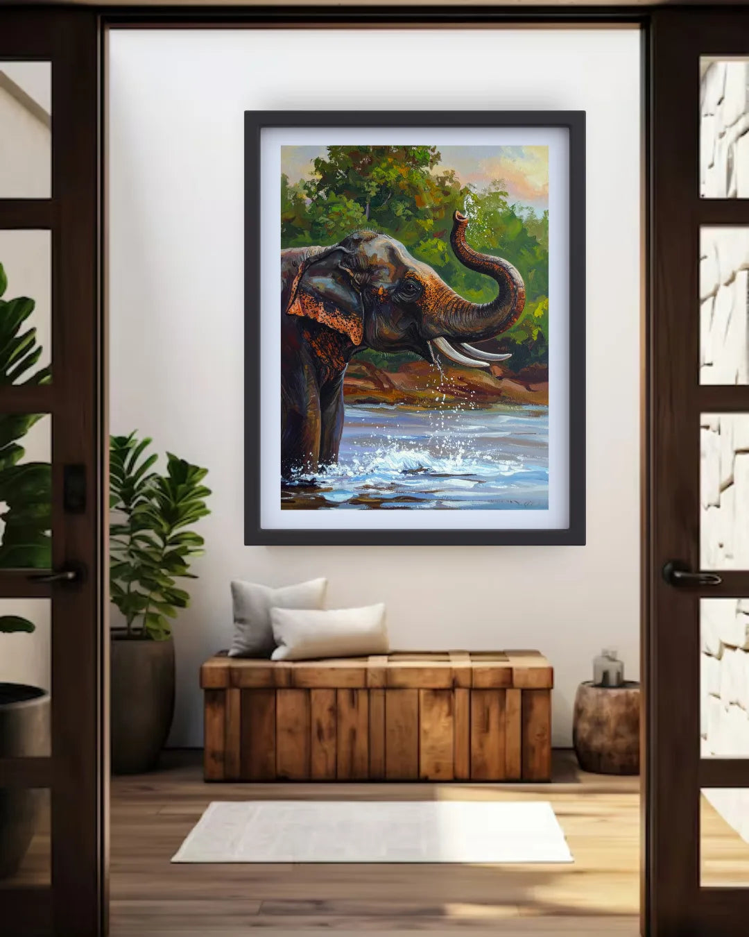 Framed painting of an elephant by a river in a modern interior setting.