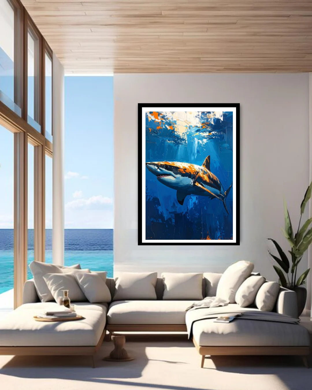 Living room with a large framed picture of a shark underwater, large windows showing ocean view.