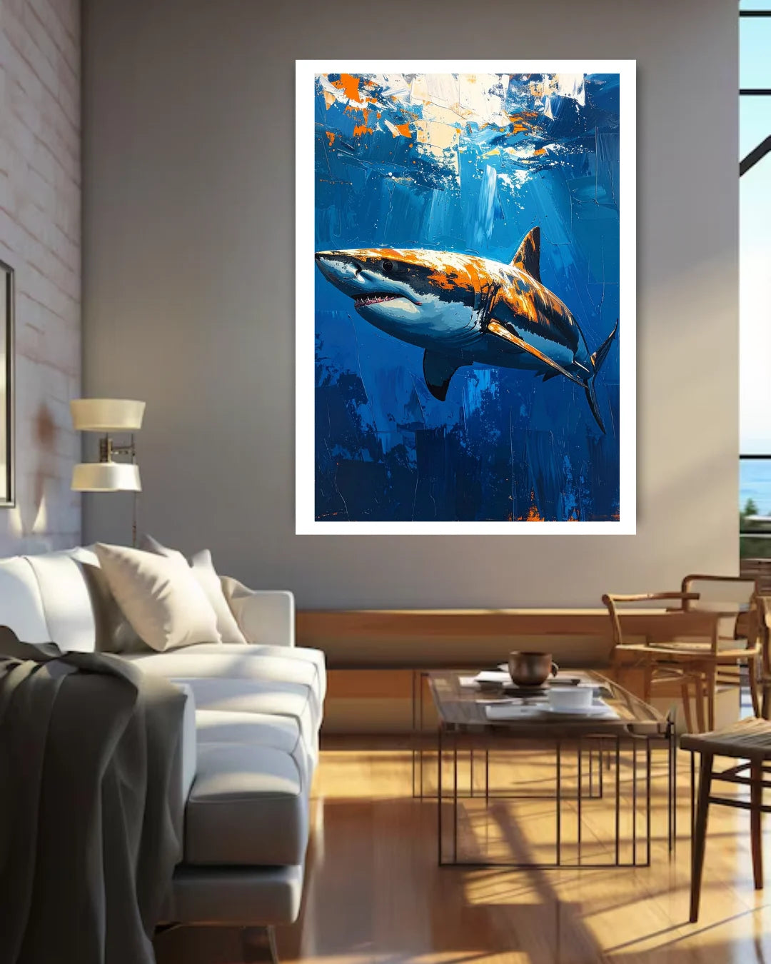 Living room with a shark painting on the wall