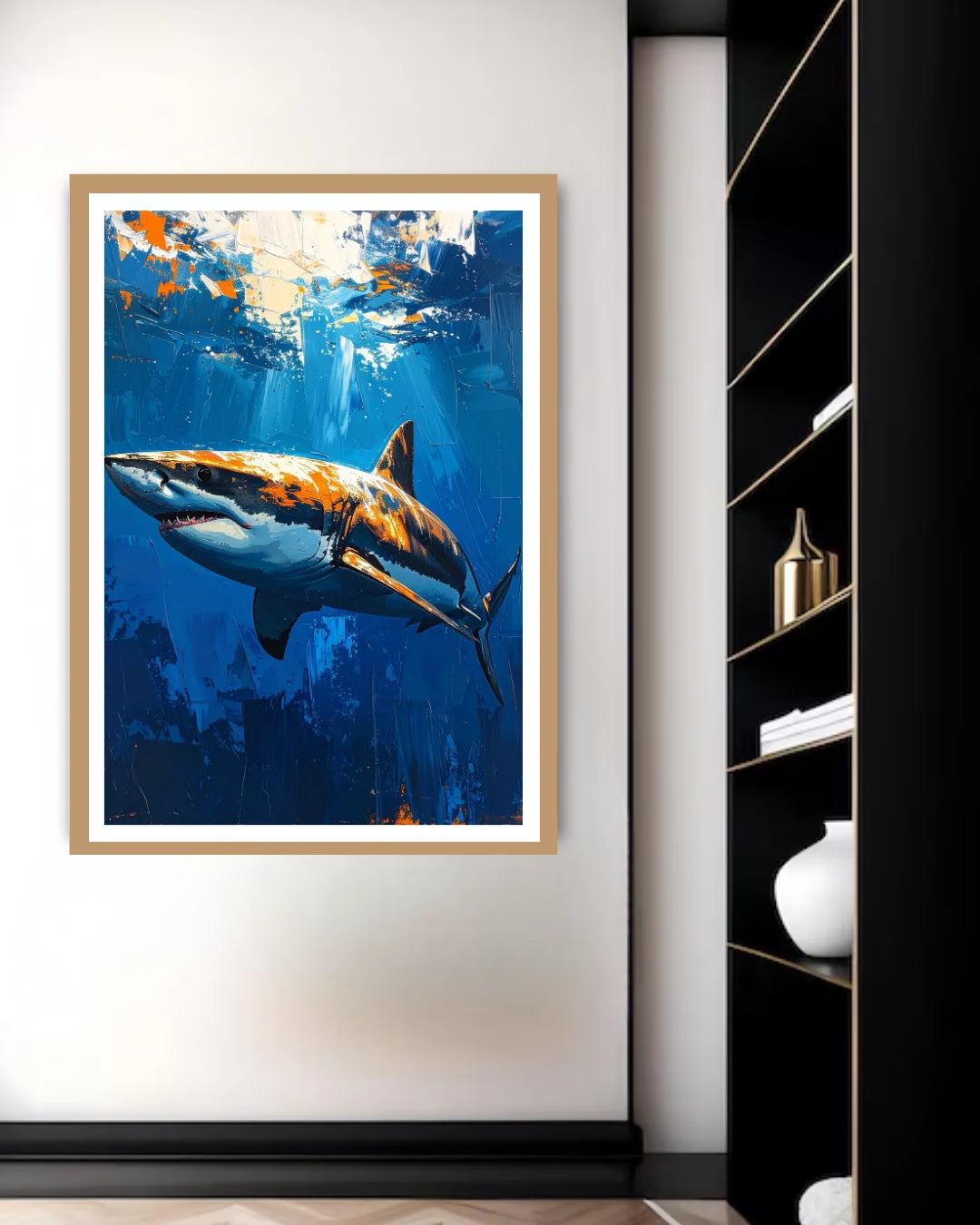 Framed artwork of a shark in an underwater scene on a wall next to a bookshelf.