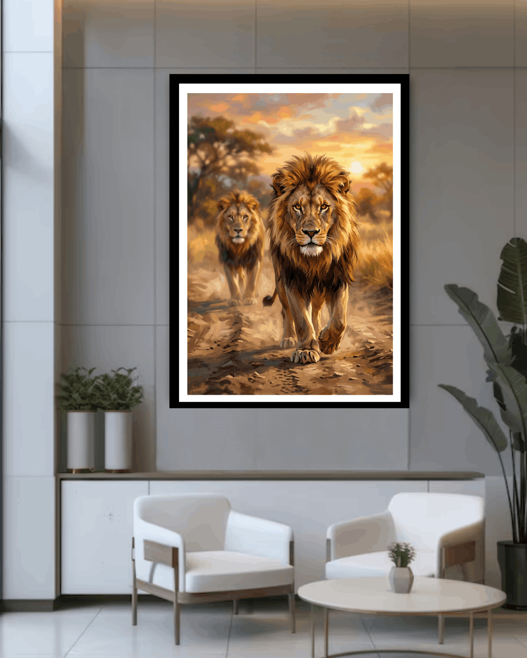 Framed artwork of two lions walking together on a wall in a modern living room.