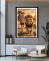 Framed artwork of two lions walking together on a wall in a modern living room.