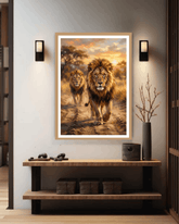 Framed artwork of two lions walking together on a wall in a modern interior setting.