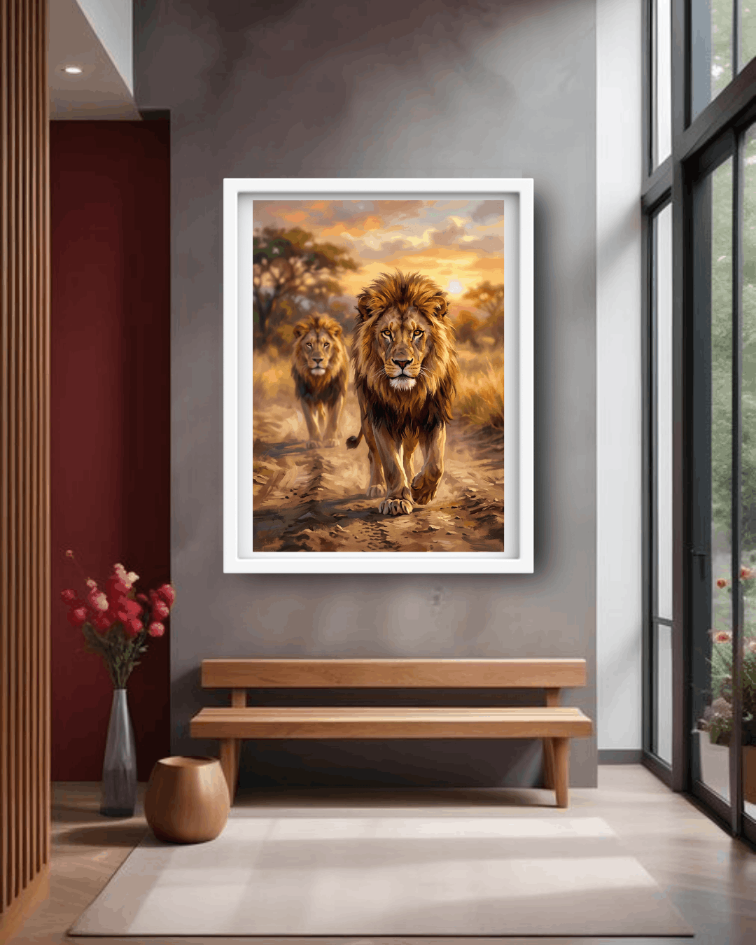 Framed artwork of two lions walking together in a natural setting, displayed on a wall in a modern interior.