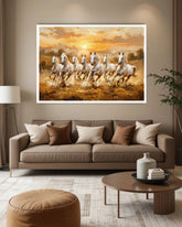 Living room with a brown sofa, coffee table, and wall art of running horses.