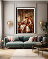 Framed portrait of a man in regal attire above a modern living room sofa.