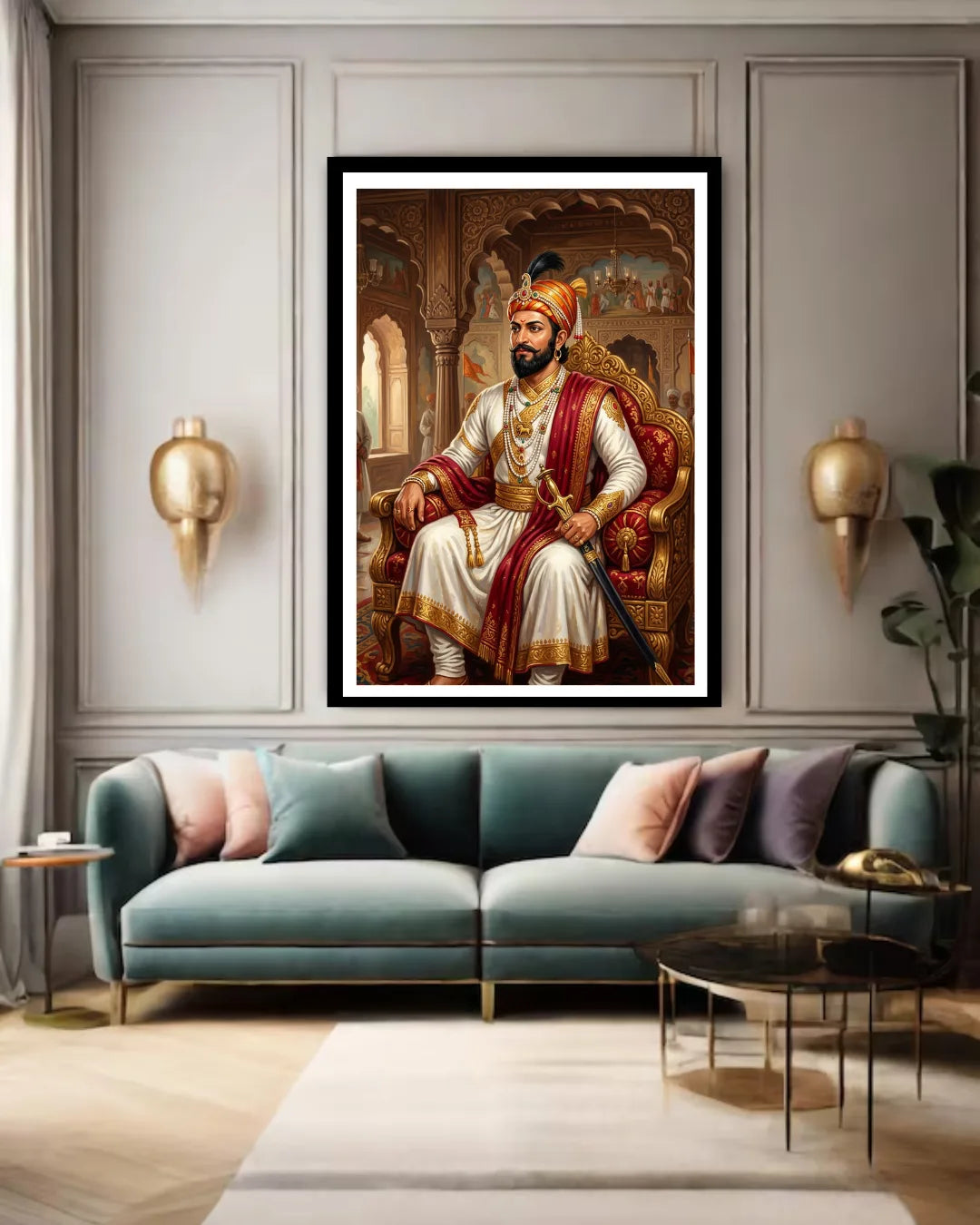 Framed portrait of a man in regal attire above a modern living room sofa.