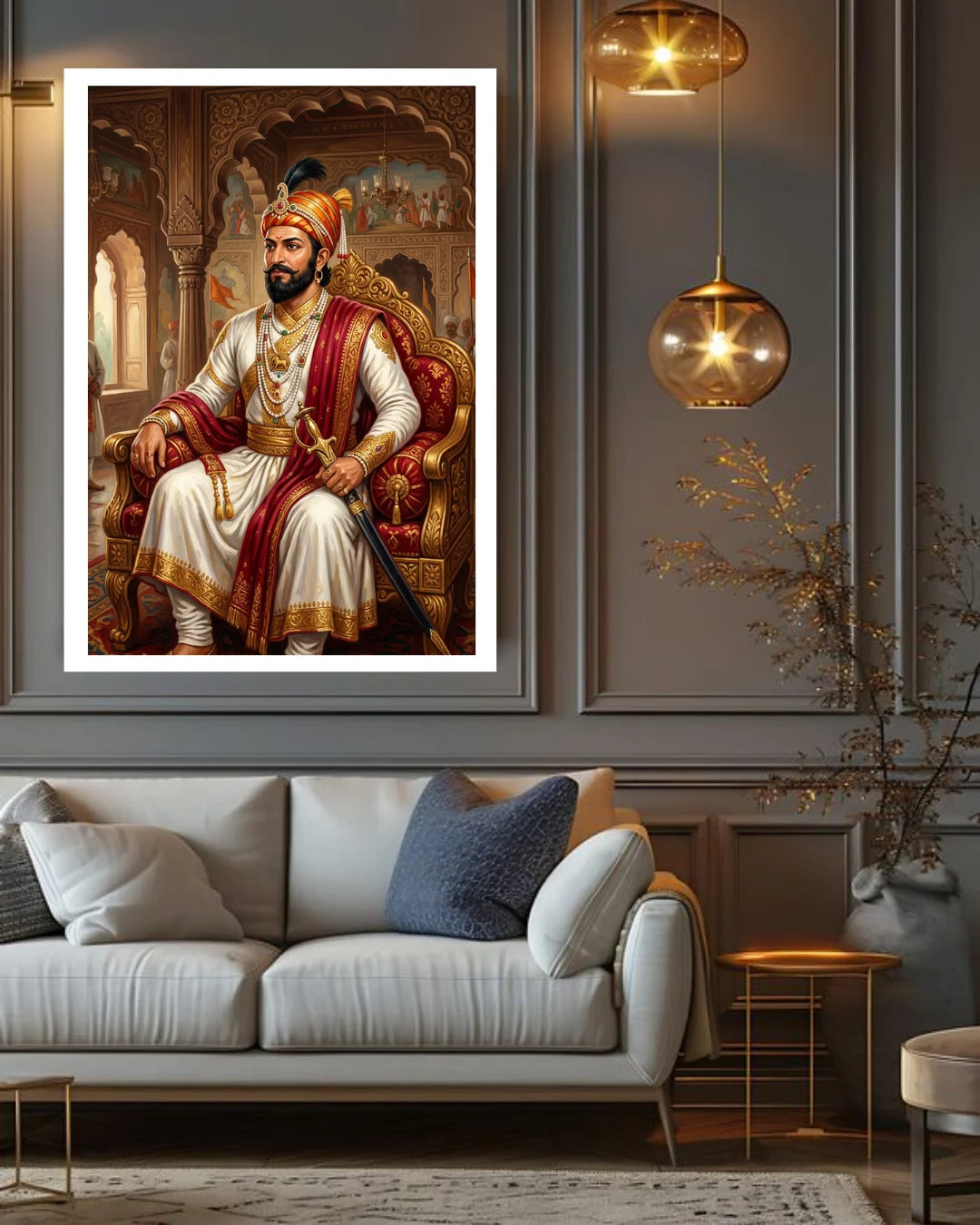 Framed portrait of a historical figure in an elegant living room setting.