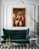 Framed portrait of a man in regal attire above a teal sofa in a stylish living room.