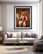Framed portrait of a historical figure in a modern living room setting