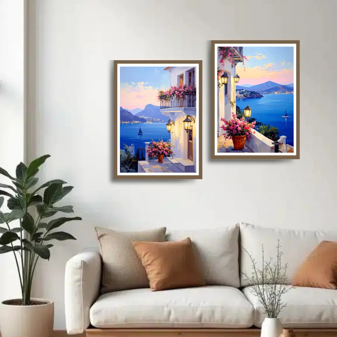 Mediterranean seaside balcony canvas wall art set
