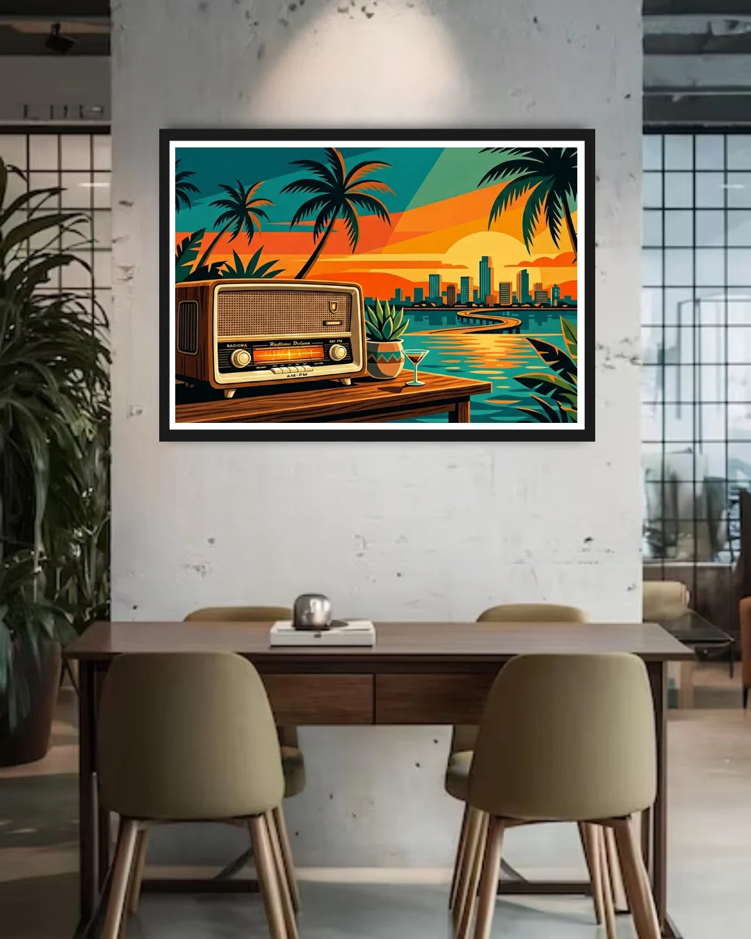 Framed artwork of a retro radio by a city skyline with palm trees and a sunset, displayed in an office setting.