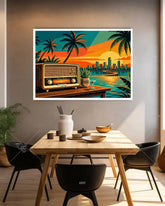 Dining room with a table and chairs, featuring a large framed artwork of a sunset over a city with palm trees.