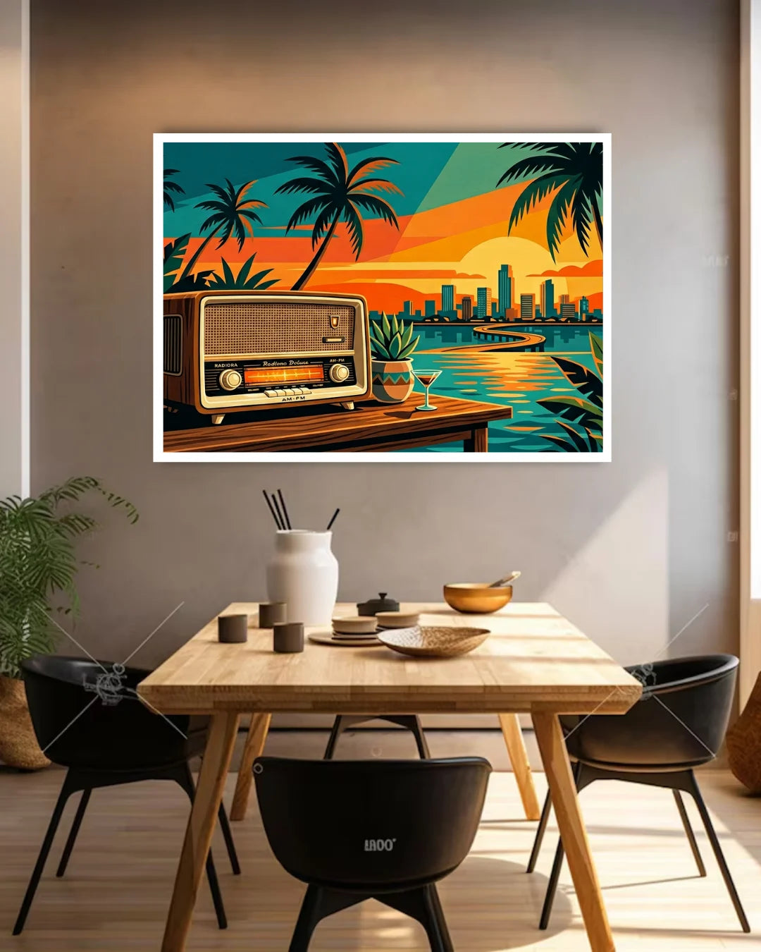 Dining room with a table and chairs, featuring a large framed artwork of a sunset over a city with palm trees.