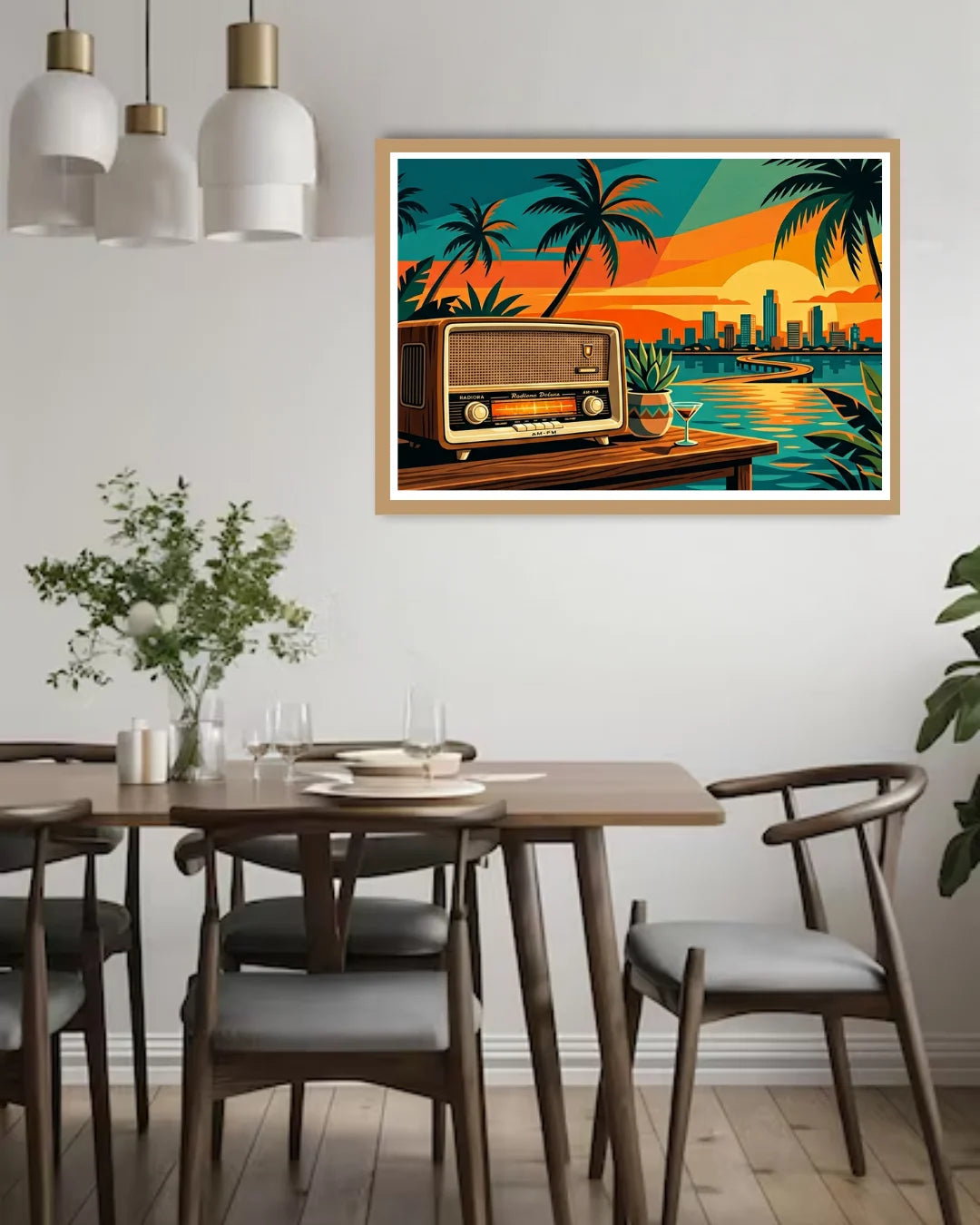 Dining room with a framed artwork of a radio by a lake and palm trees.