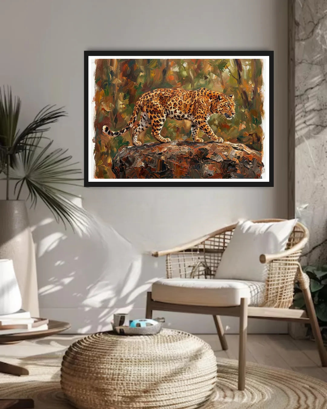 Framed painting of a leopard on a rock in a living room setting.