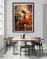 Dining room with a large painting of a woman playing a piano on the wall.