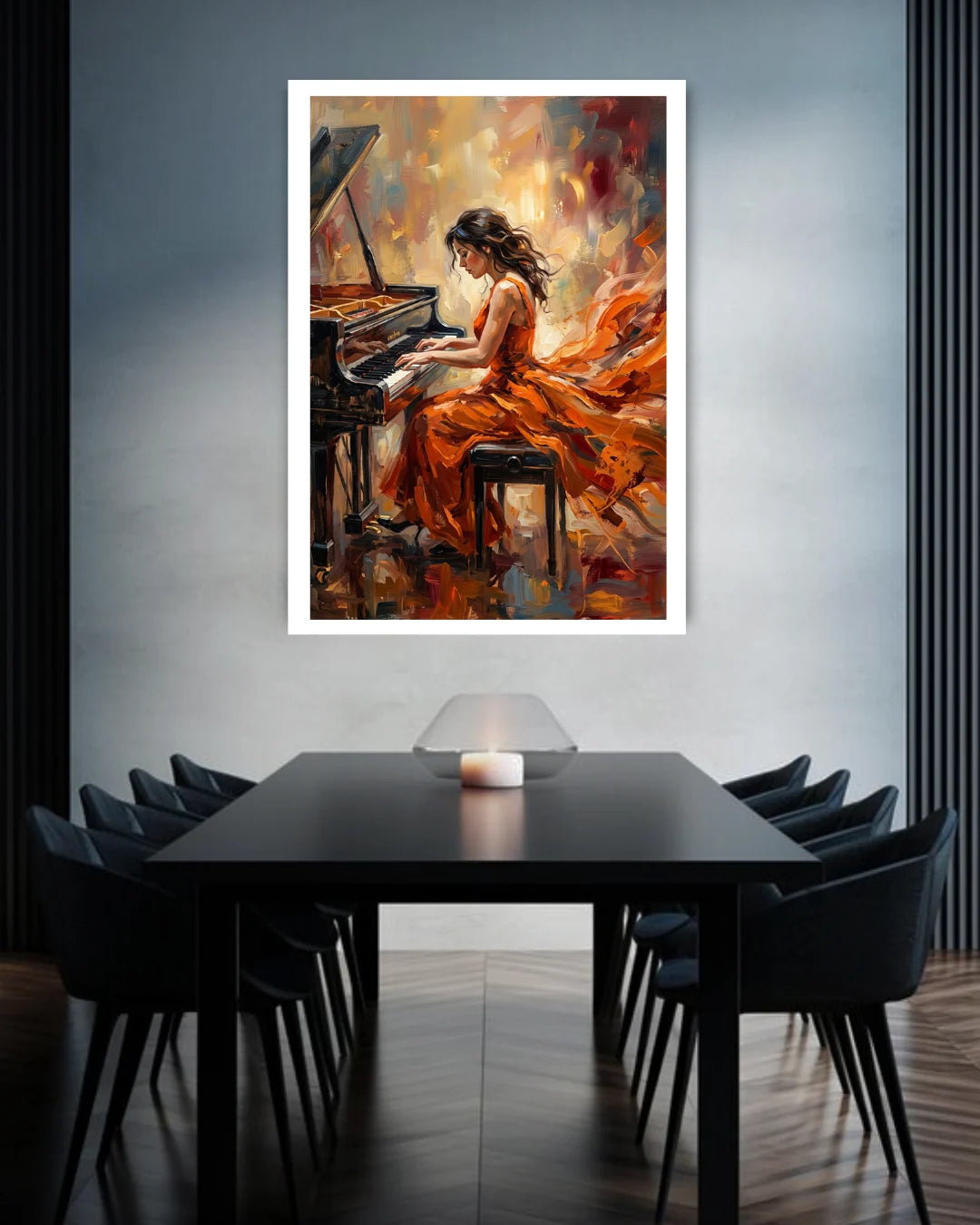 Dining room with a large painting of a woman playing a piano on the wall.