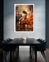 Dining room with a large painting of a woman playing a piano on the wall.