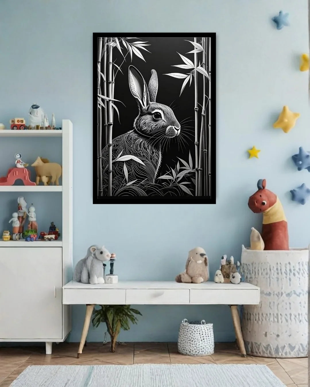Monochrome Rabbit in Bamboo – Wall Art Canvas