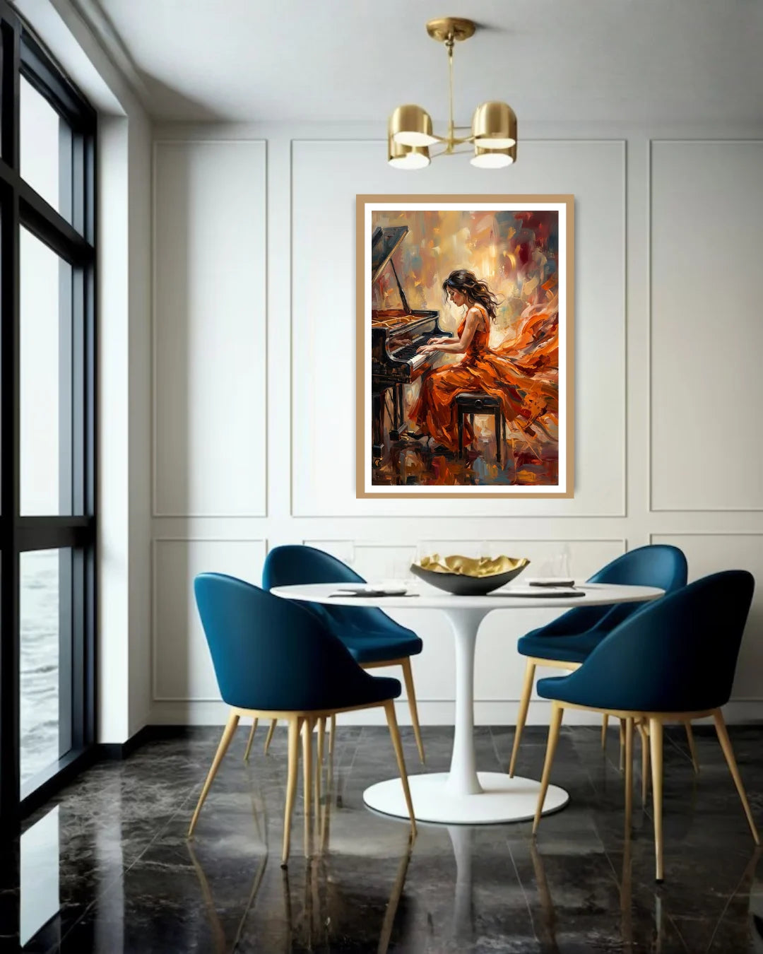 Dining room with blue chairs, white table, and a large painting of a woman playing a piano on the wall.