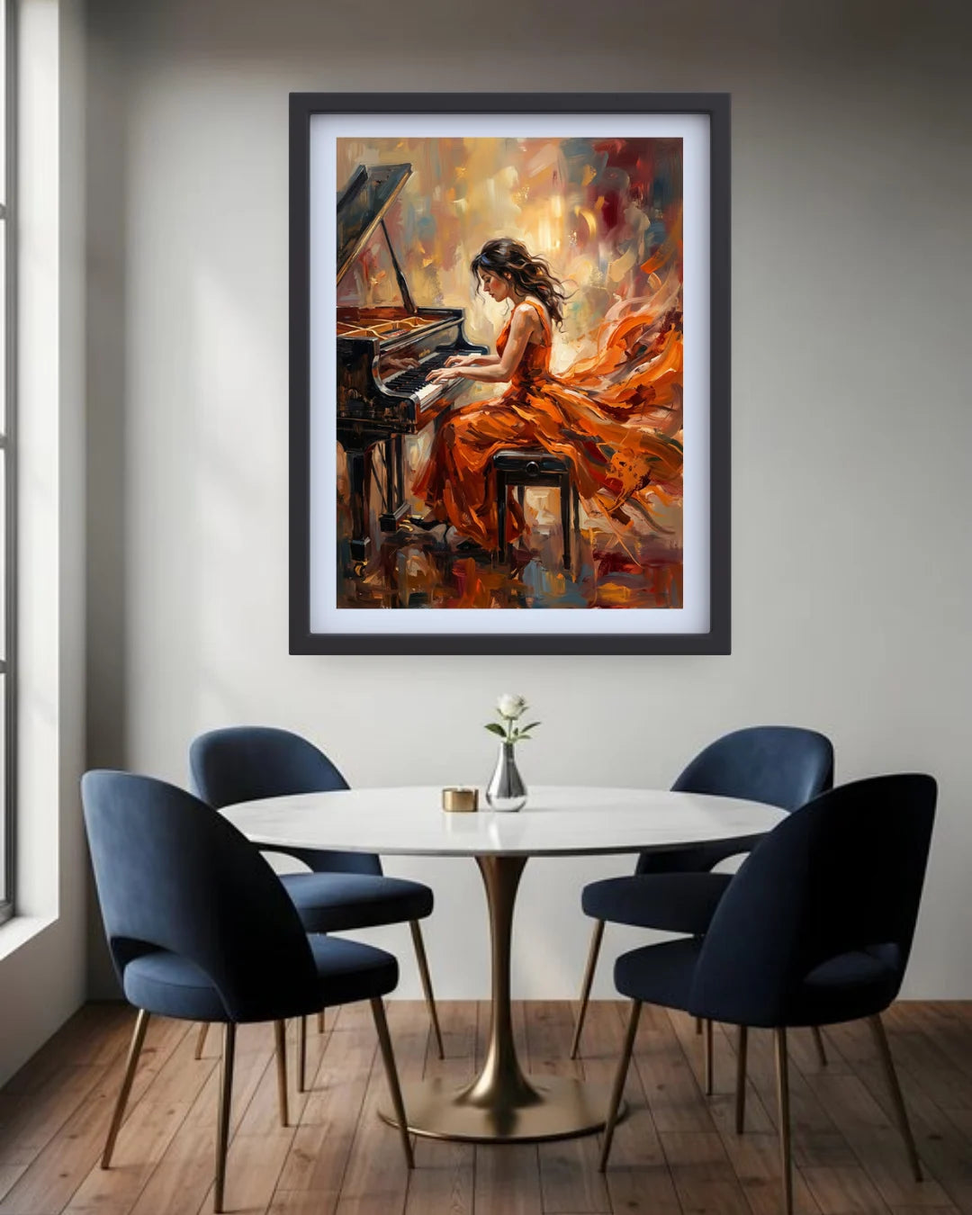 Dining room with a framed painting of a woman playing a piano on the wall.