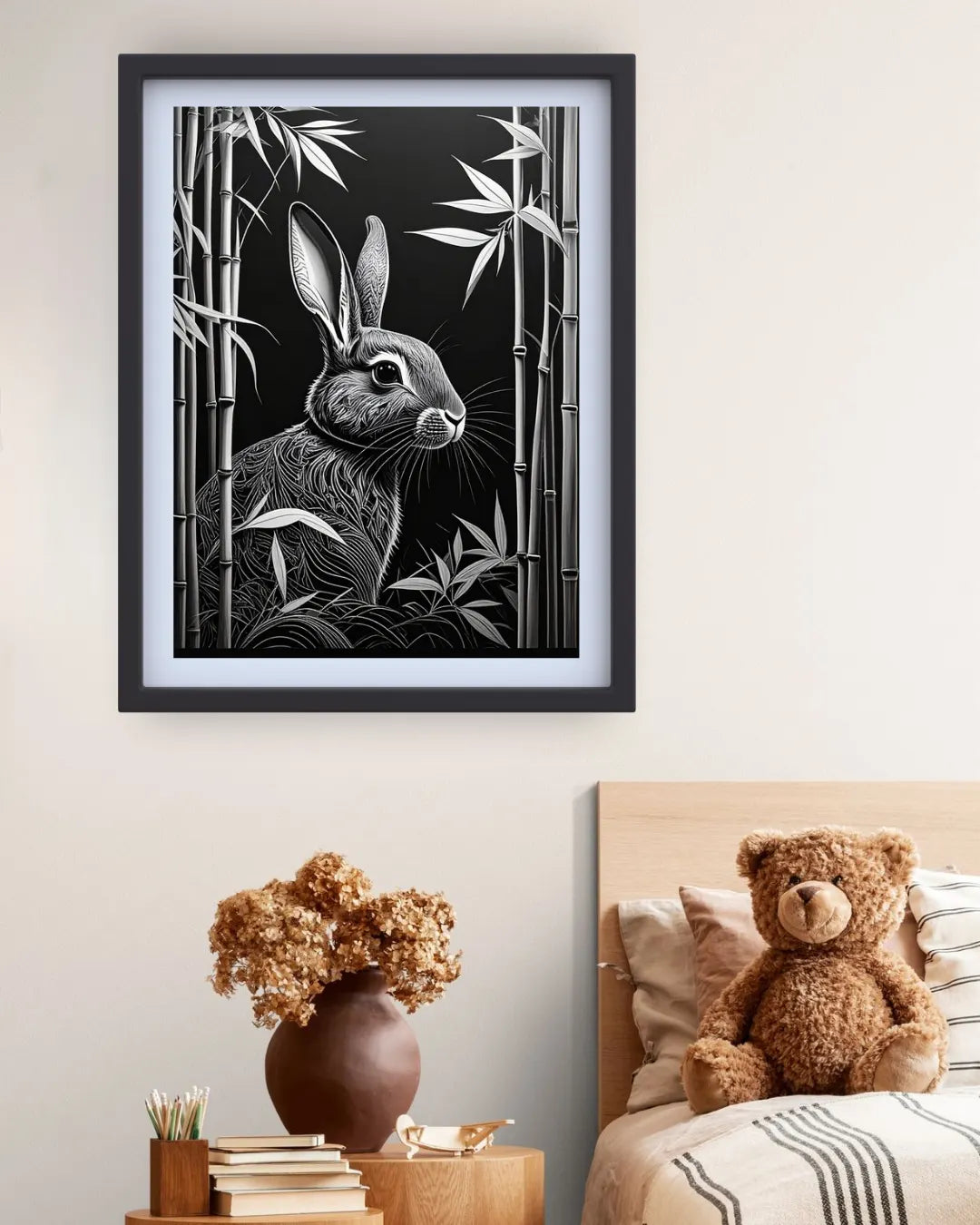 Monochrome Rabbit in Bamboo – Wall Art Canvas