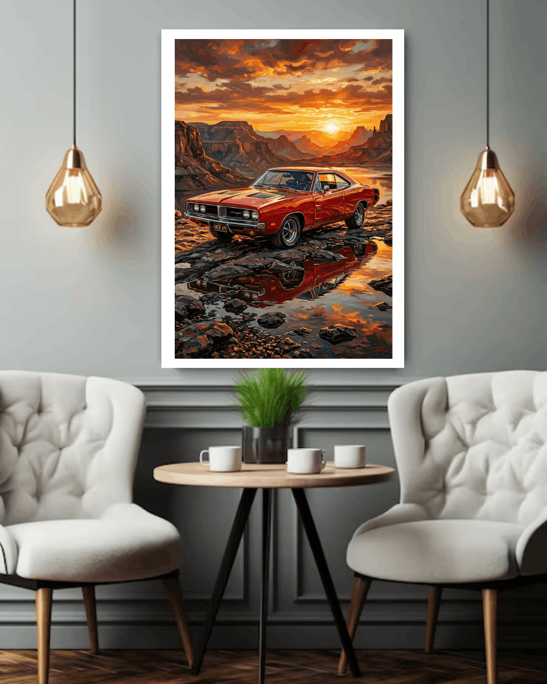 Living room with a red car on a mountain landscape painting above a table with two chairs.