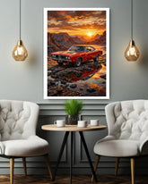Living room with a red car on a mountain landscape painting above a table with two chairs.