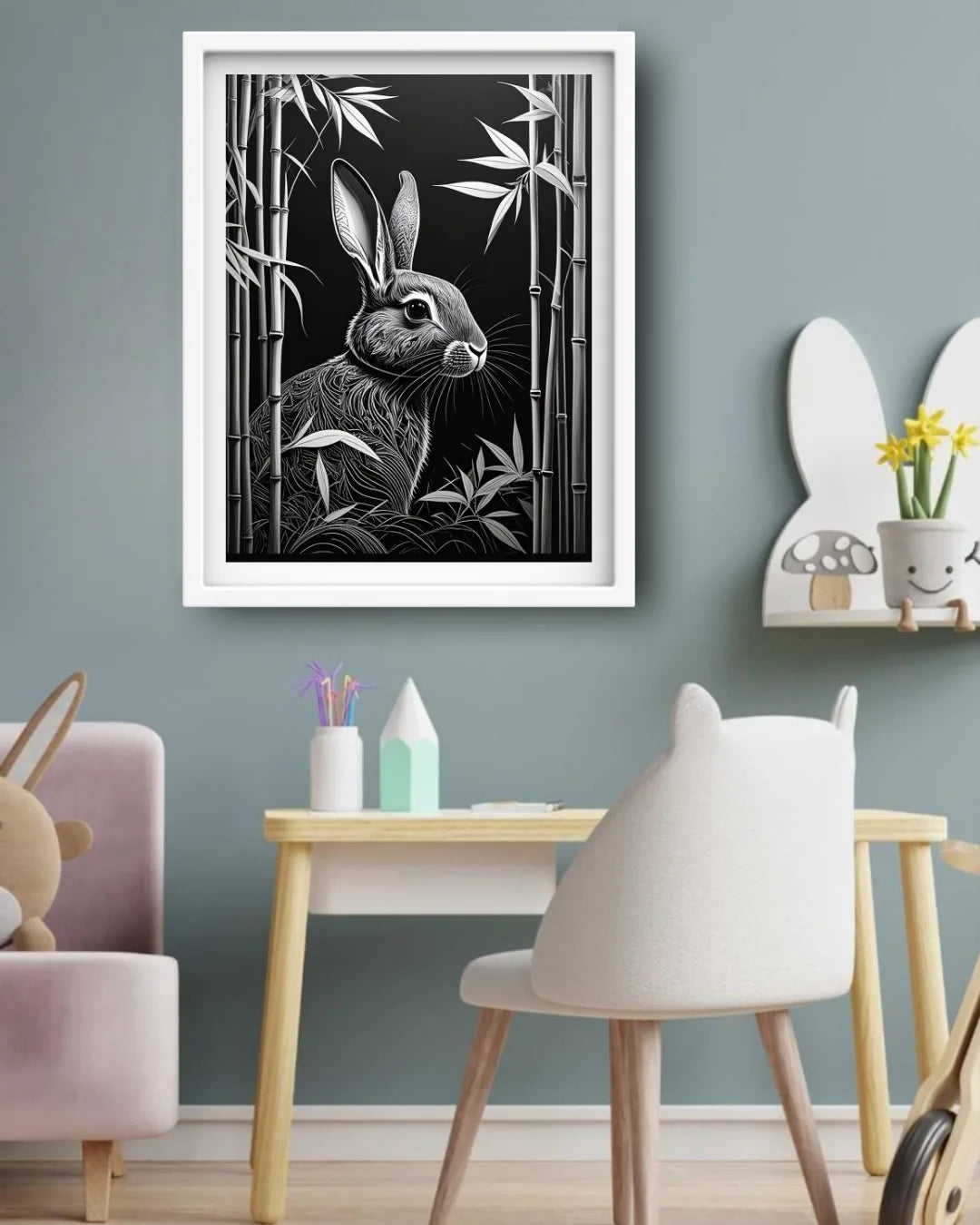 Monochrome Rabbit in Bamboo – Wall Art Canvas