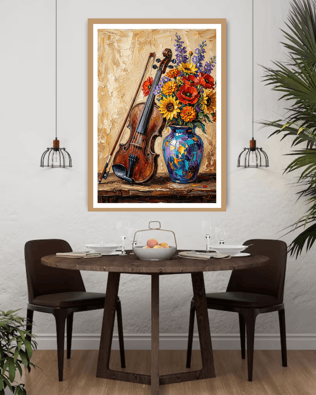 Dining room with a table and chairs, and a framed painting of a violin and flowers on the wall.