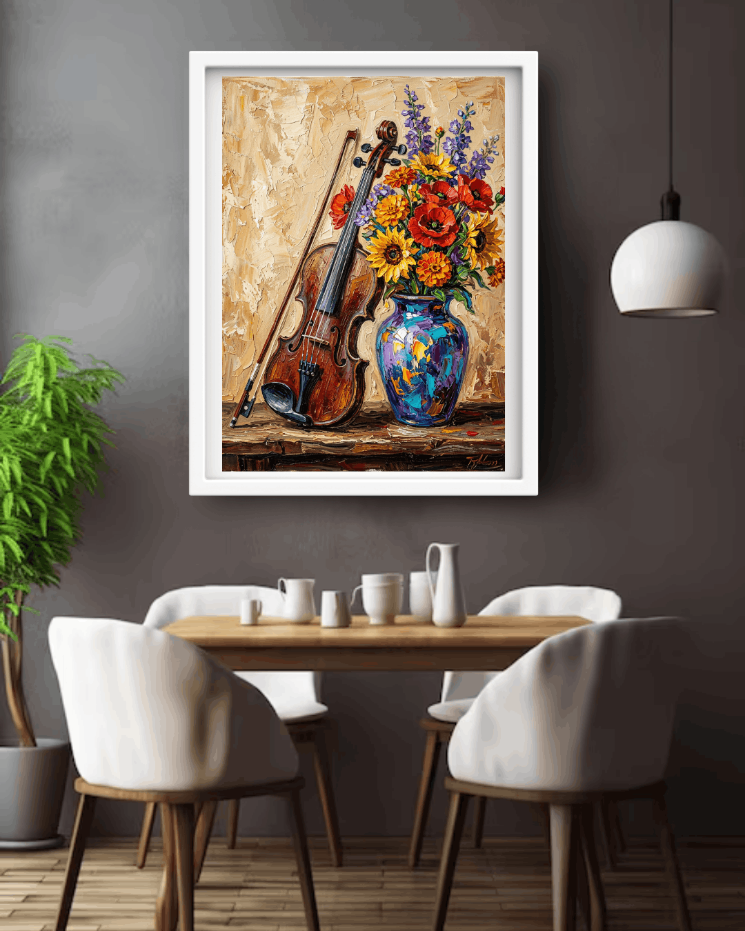 Framed artwork of a violin and flowers above a dining table with chairs.