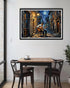 Framed artwork of a musician playing guitar on a city street at night, above a dining table.