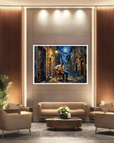 Framed artwork of a musician playing guitar on a city street in a modern living room.