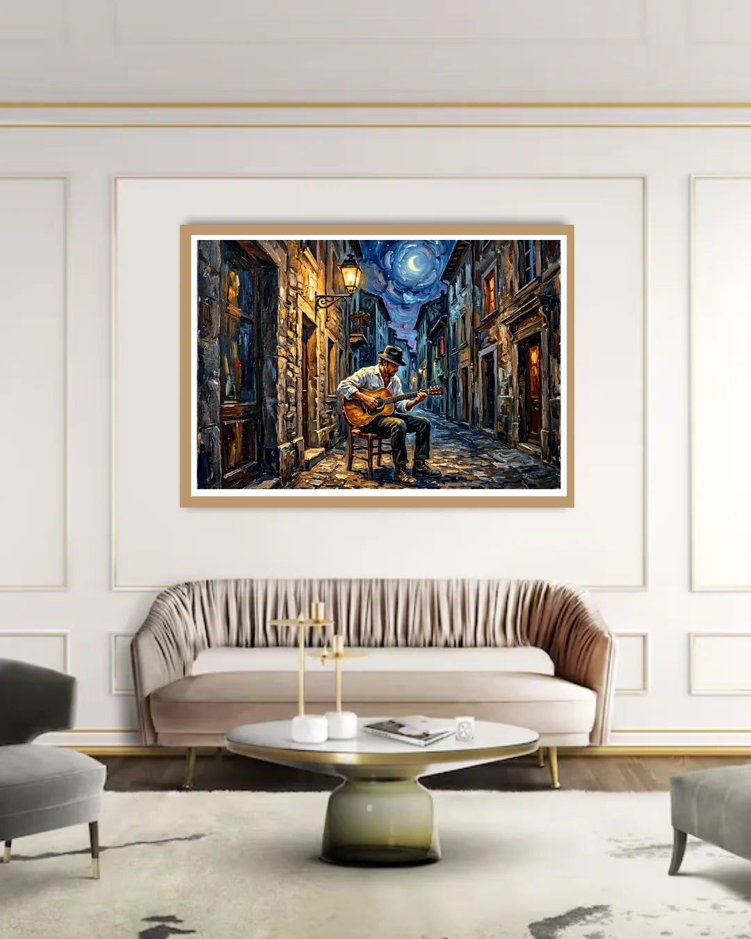 Framed artwork of a musician playing guitar in an alleyway on a wall above a sofa in a living room.