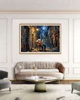 Framed artwork of a musician playing guitar in an alleyway on a wall above a sofa in a living room.