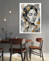 Dining room with a modern abstract art piece on the wall