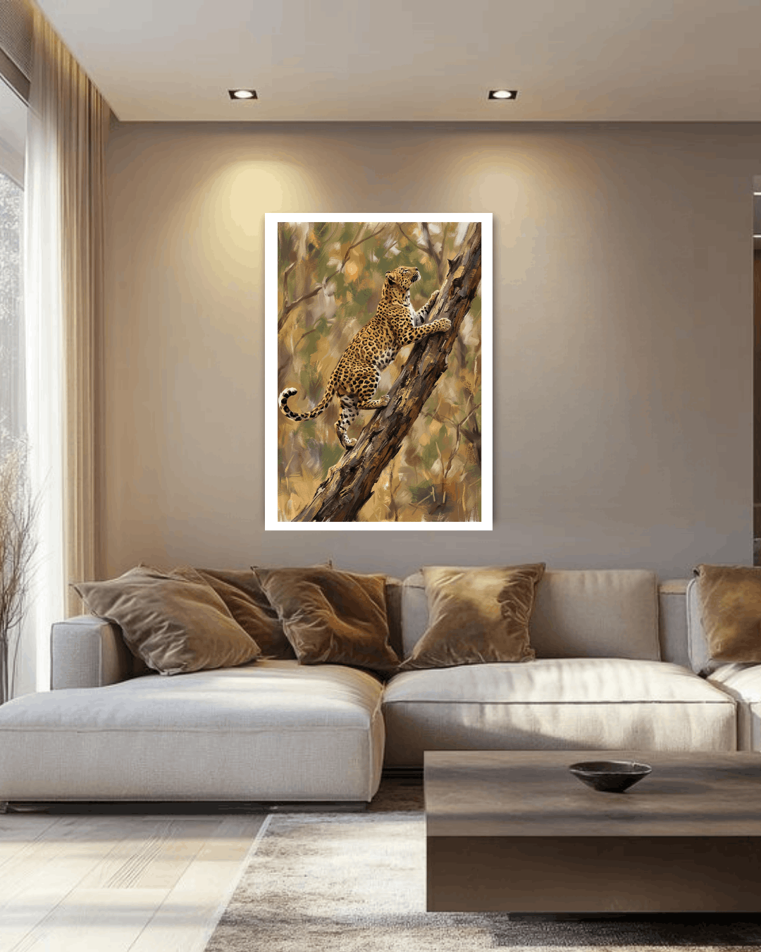 Living room with a beige sofa, decorative pillows, and a framed picture of a leopard on a tree branch.