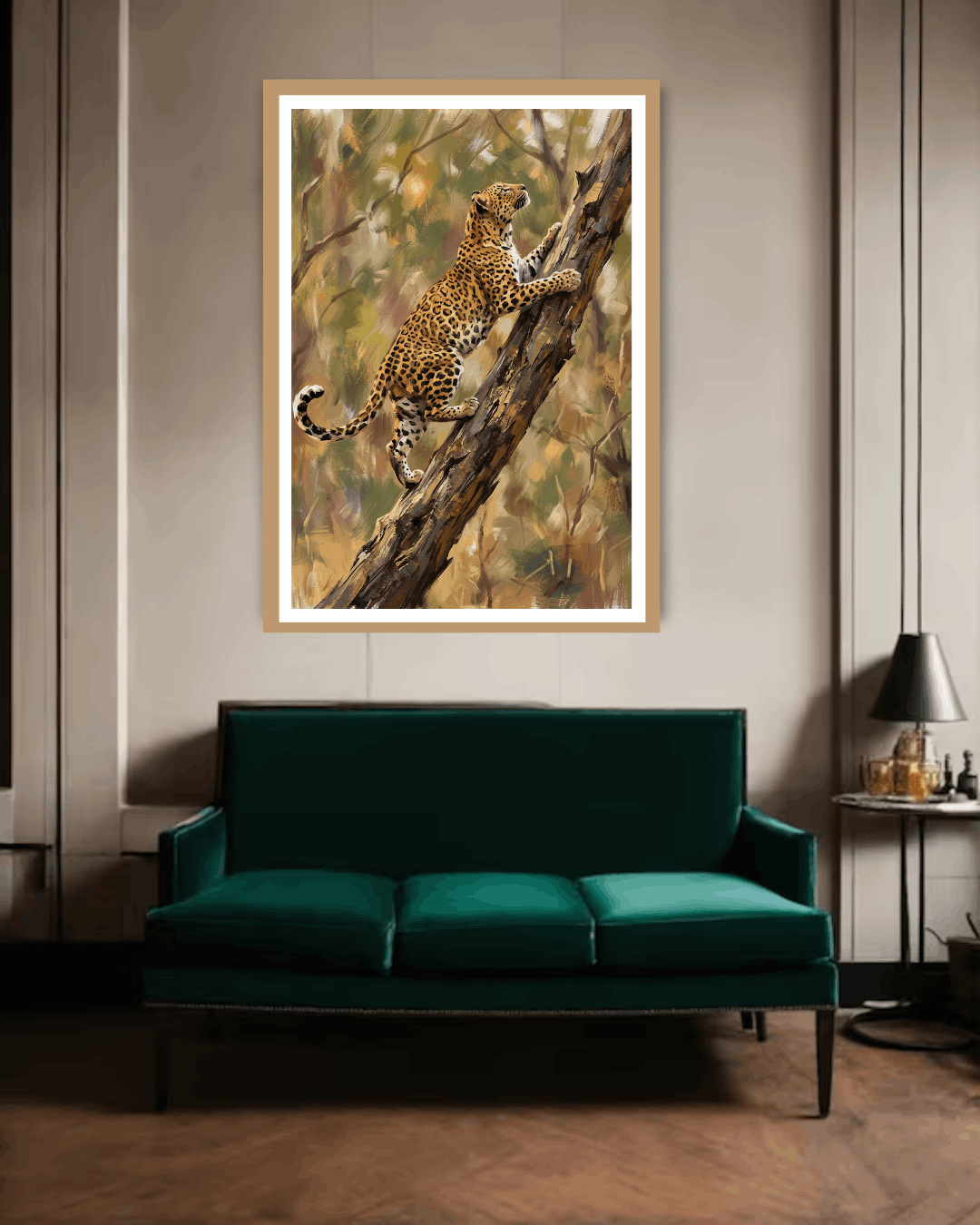 Framed artwork of a leopard on a branch above a green sofa in a room.