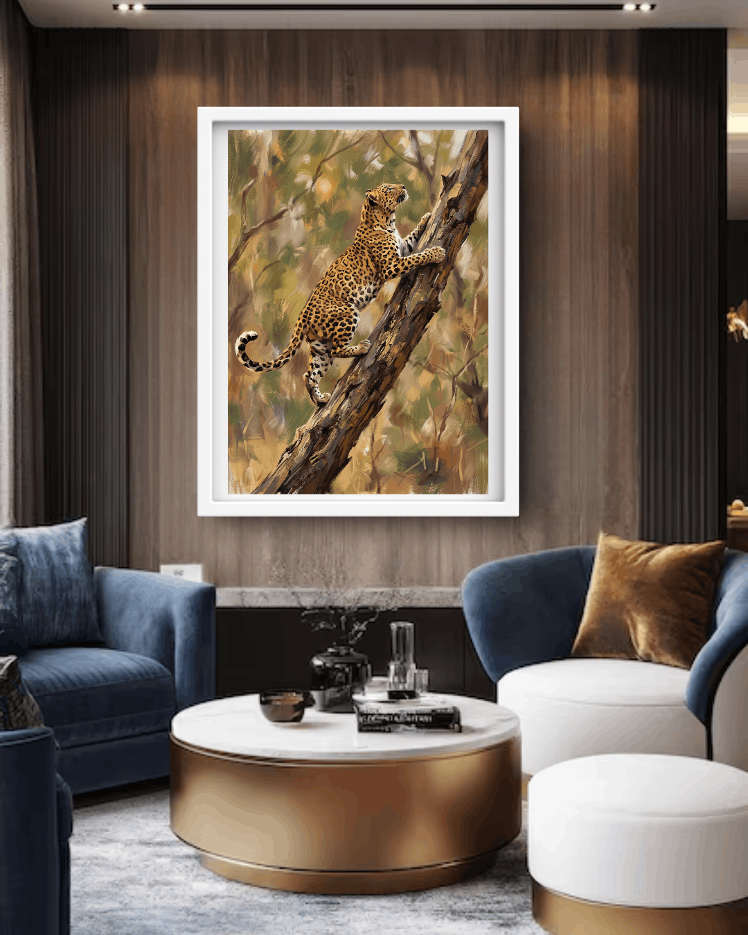 Living room with a painting of a leopard on a tree branch, blue sofa, and white coffee table.