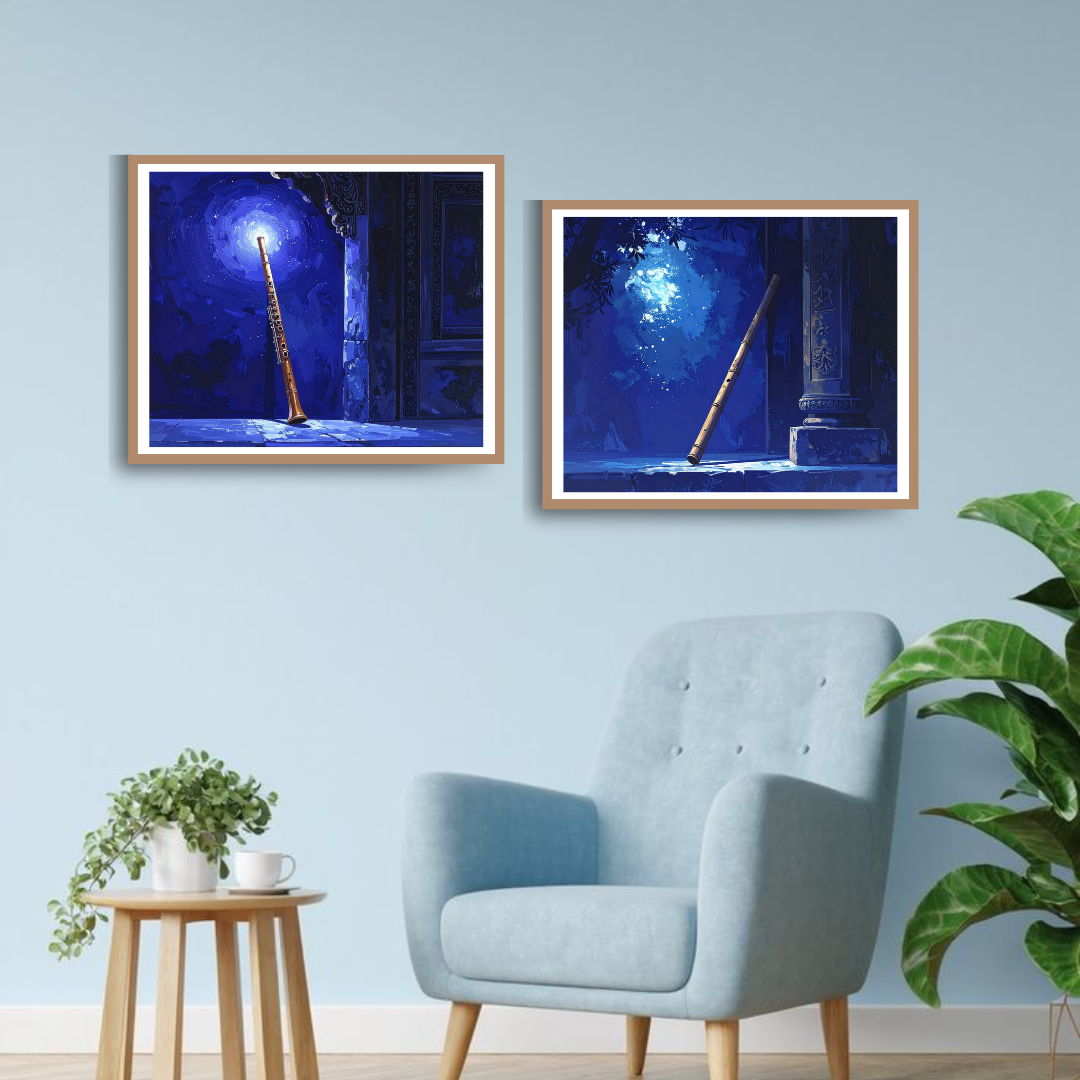 Mystical Bansuri Flute Moonlight Canvas Art Set of 2
