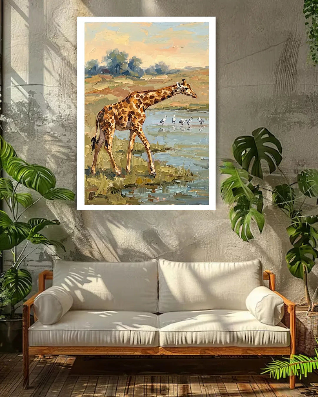 Framed painting of a giraffe in a natural setting above a white sofa with wooden frame.