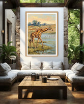 Living room with a giraffe painting on the wall, surrounded by plants and furniture.