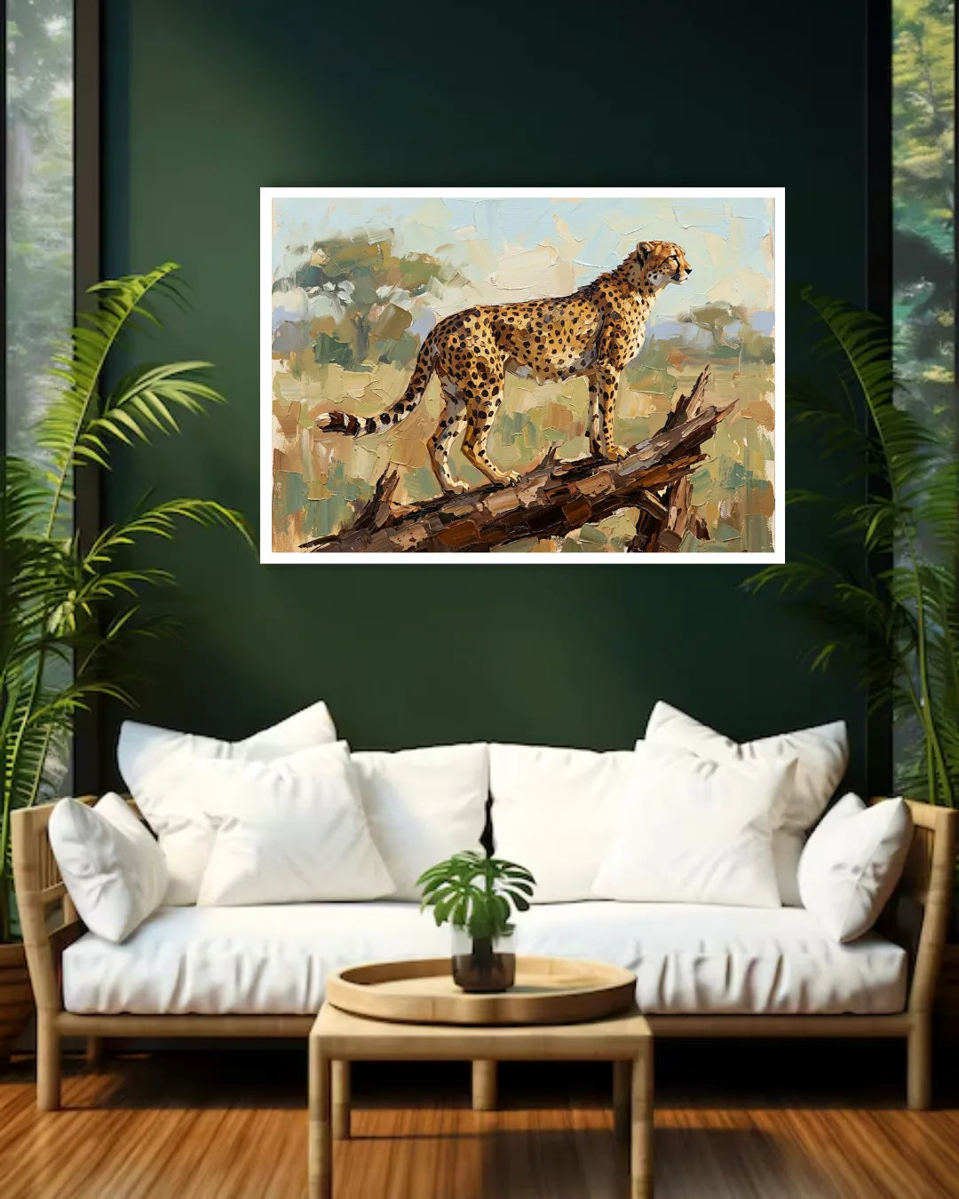 Living room with a cheetah painting on the wall above a white sofa.
