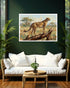 Living room with a cheetah painting on the wall above a white sofa.