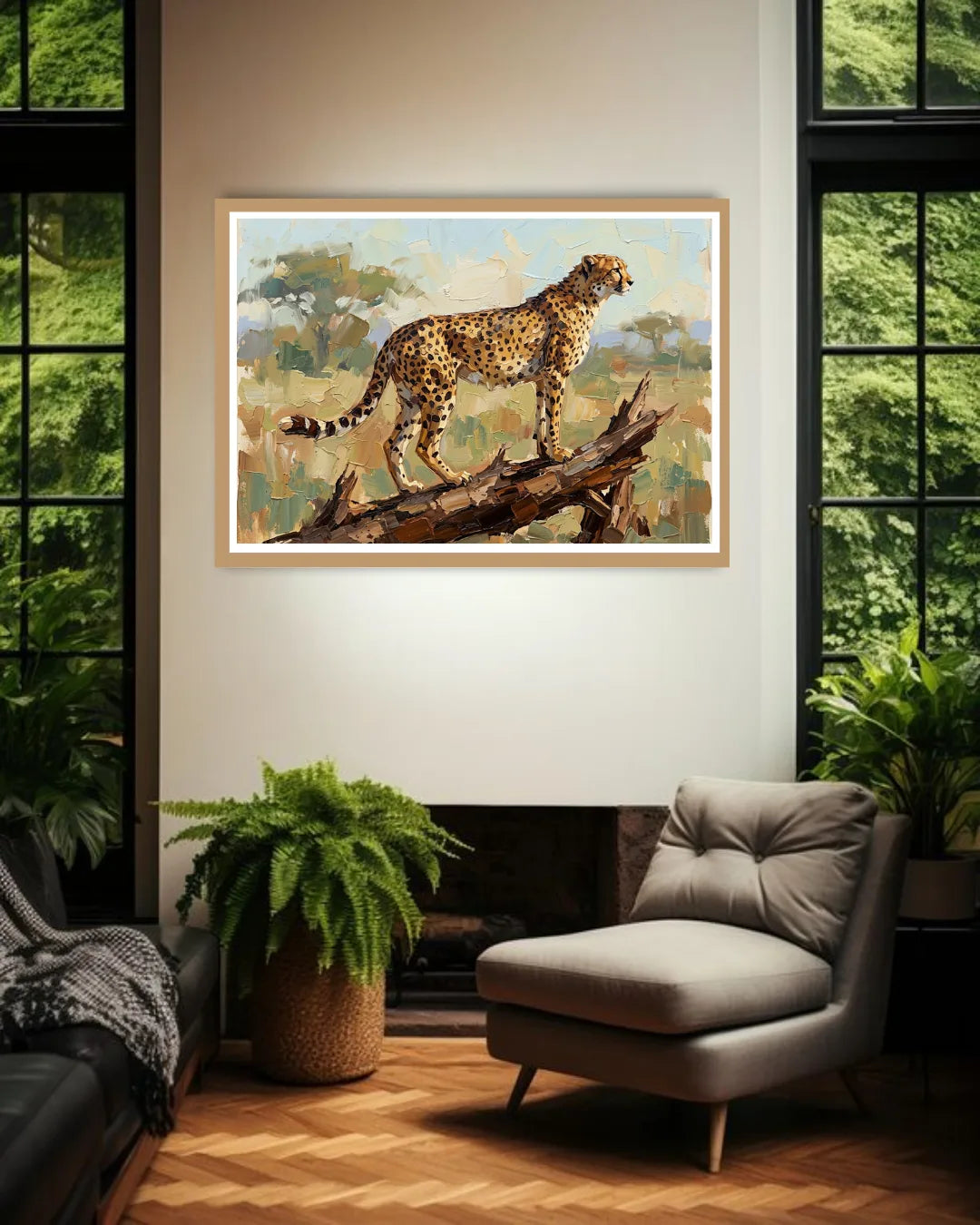Framed painting of a cheetah on a log in a living room setting with a fireplace and plants.