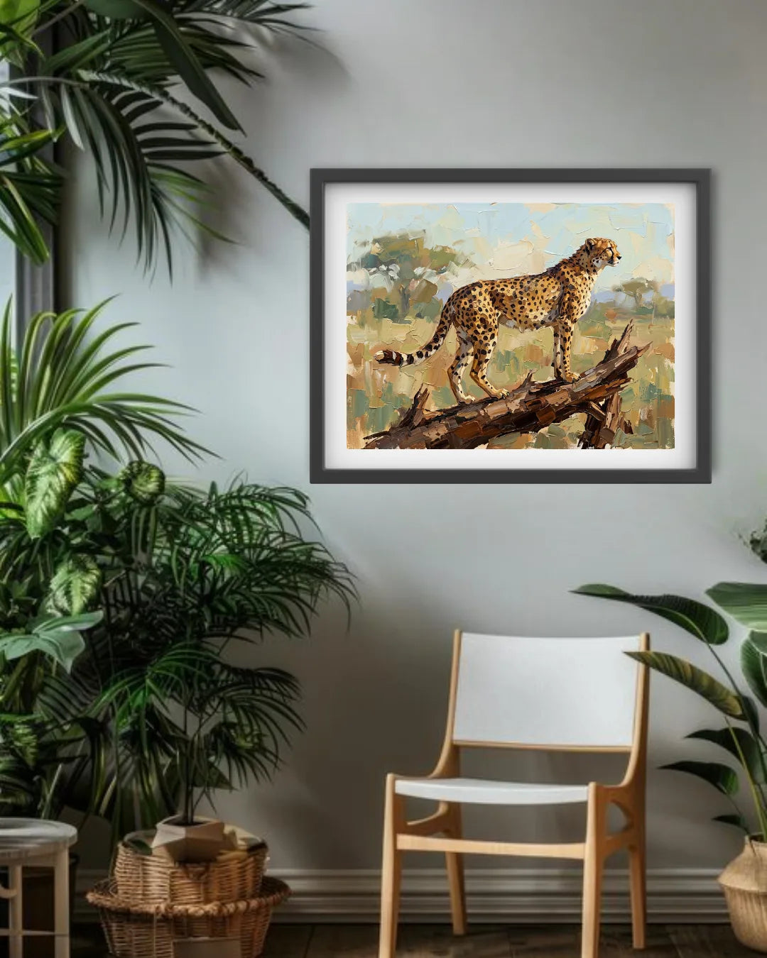 Framed artwork of a cheetah on a branch in a room with plants and a chair.