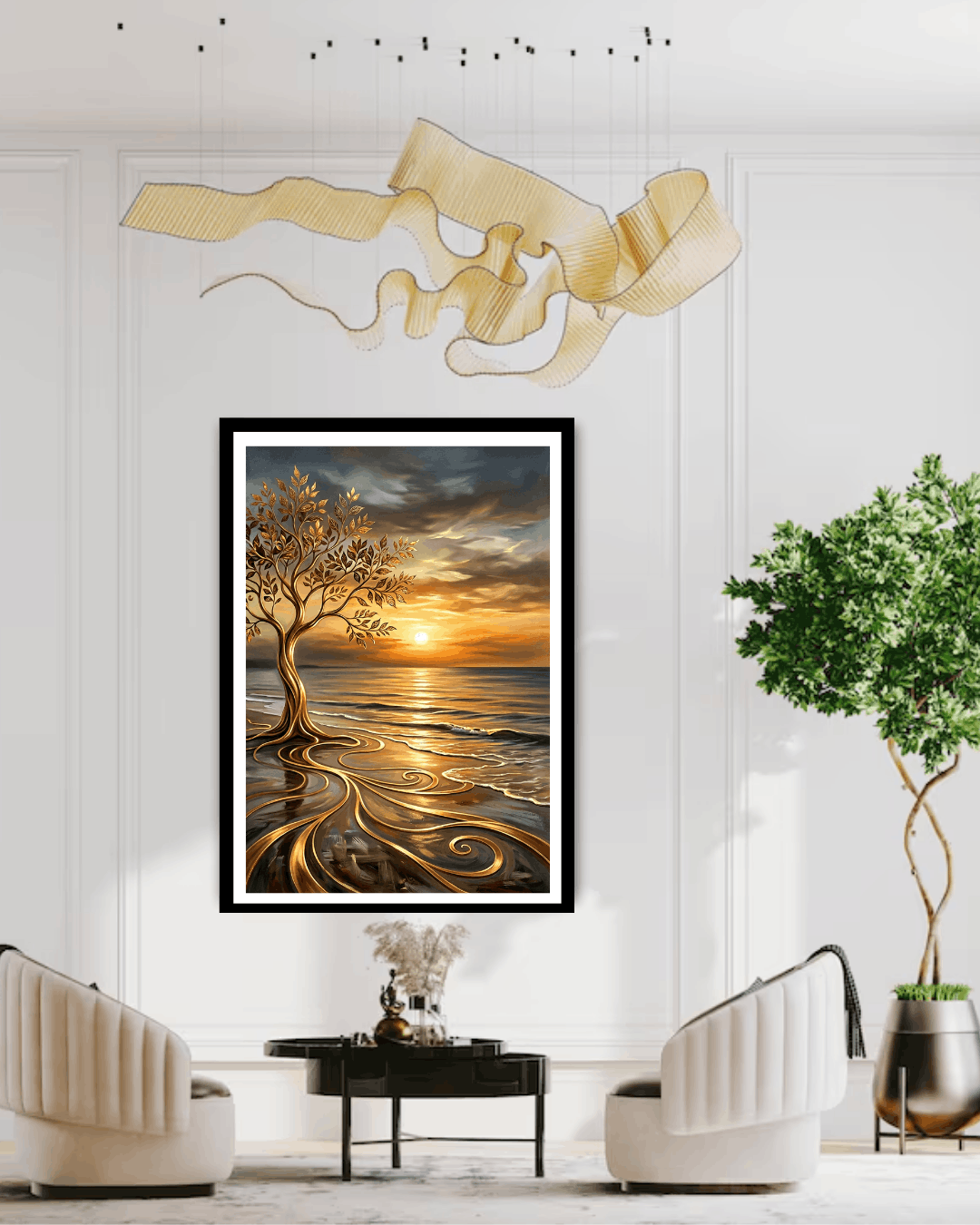 Framed artwork of a tree by the water with a sunset, displayed in a living room.