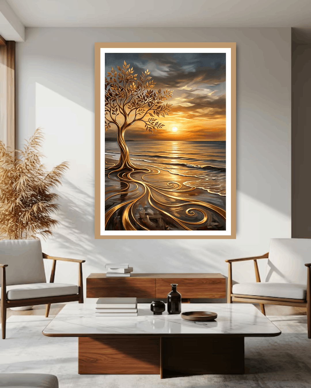 Framed artwork of a tree with a sunset over water in a modern living room.