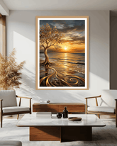 Framed artwork of a tree with a sunset over water in a modern living room.